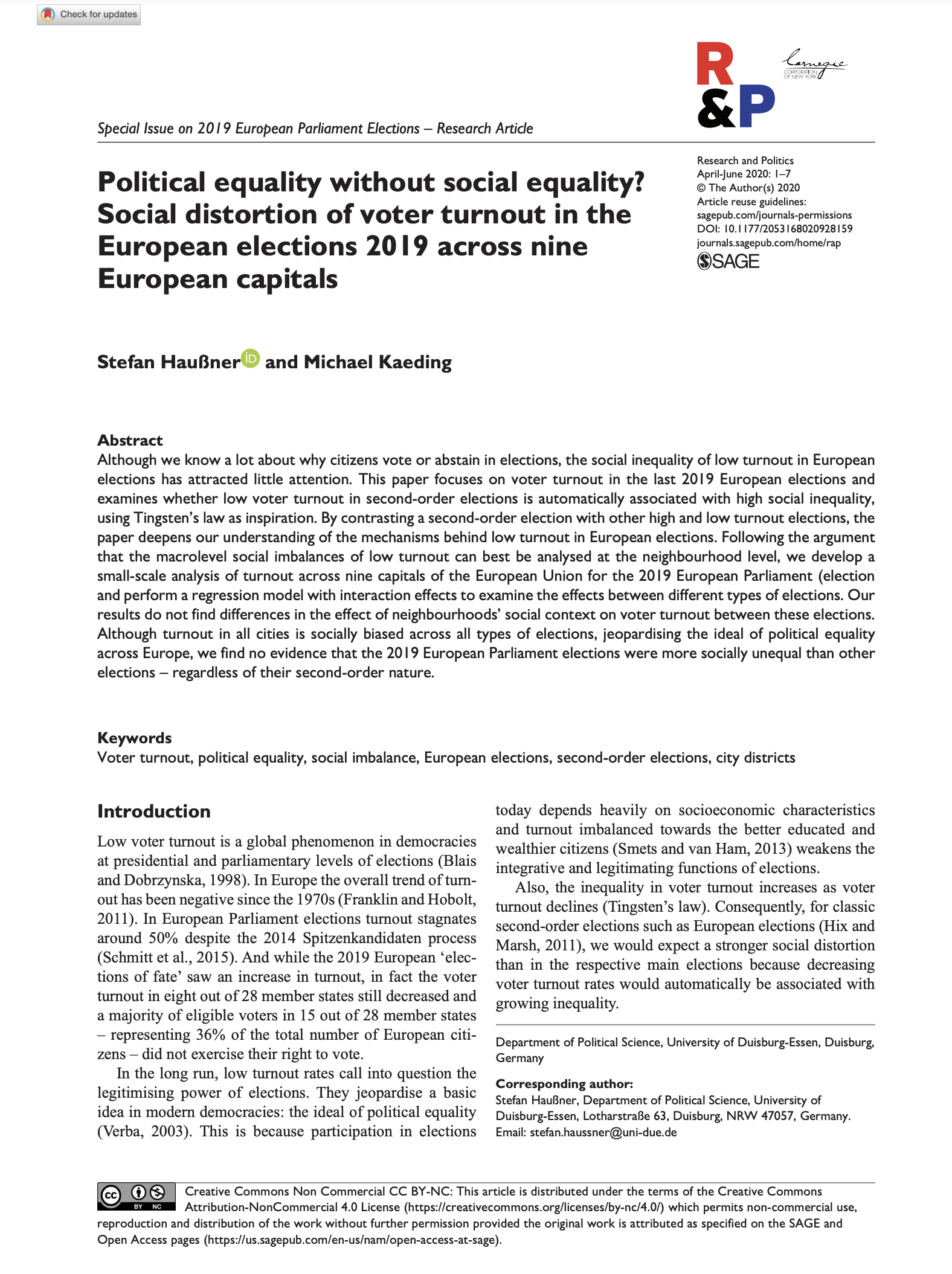 Read more about the article New Publication: Political equality without social equality? Social distortion of voter turnout in the European elections 2019 across nine European capitals