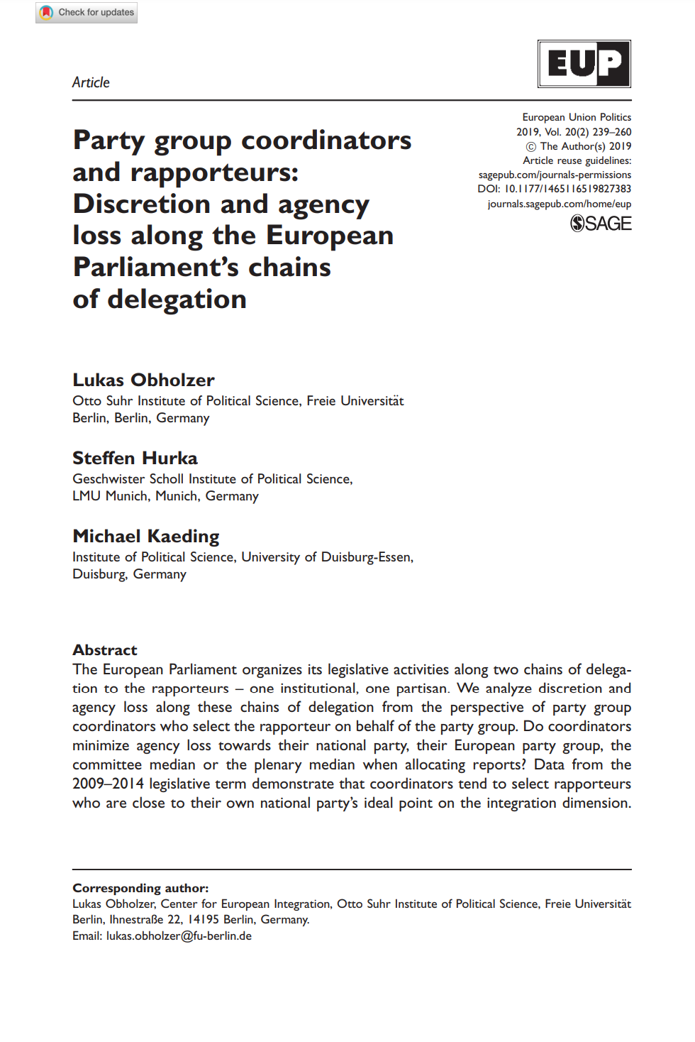 New Publication: Party group coordinators and rapporteurs: Discretion and agency loss along the European Parliament’s chains of delegation