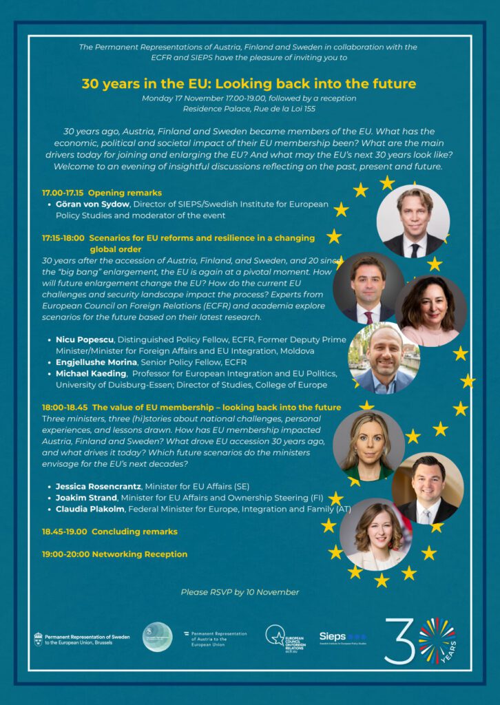 Flyer zu dem Seminar mit dem Titel "30 years in the EU: Looking back into the future", das am 17. November 2025 stattfindet.