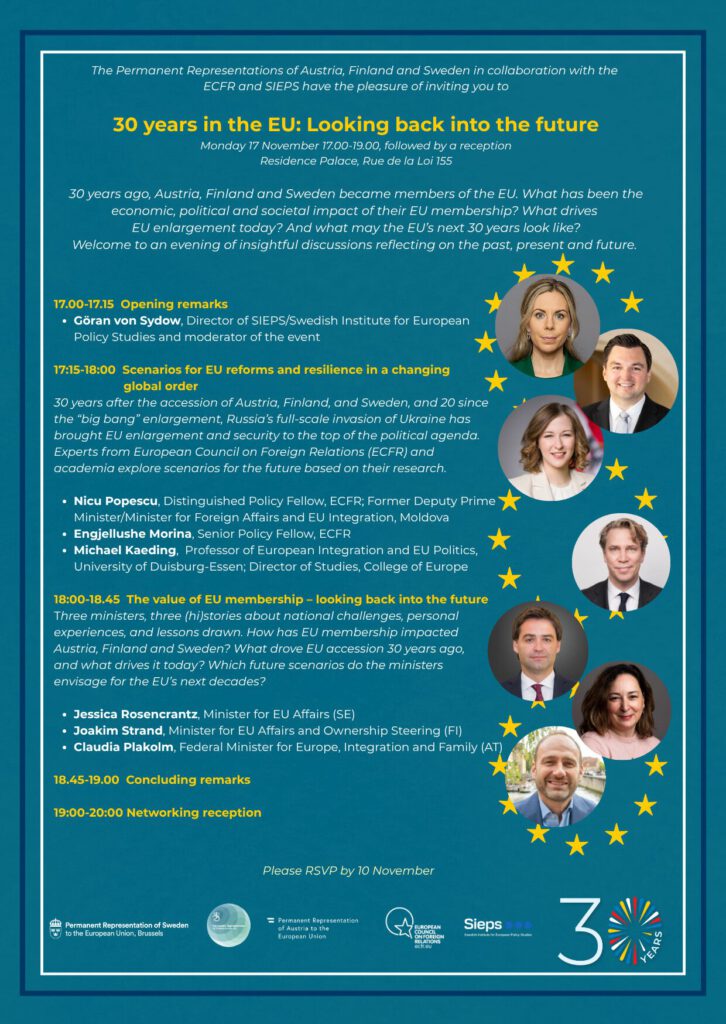 Flyer zu dem Seminar mit dem Titel "30 years in the EU: Looking back into the future", das am 17. November 2025 stattfindet.