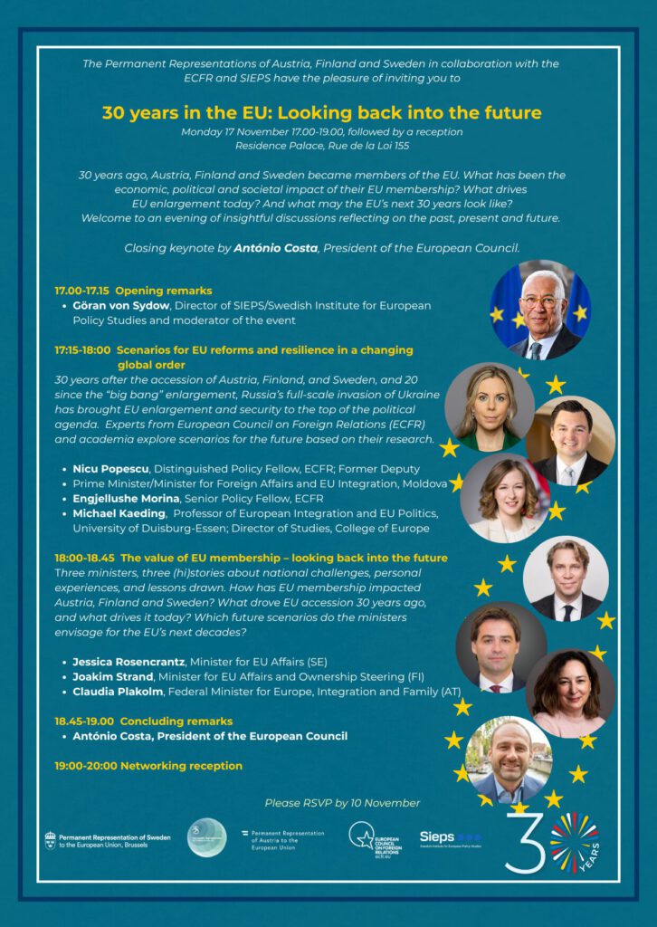 Flyer zu dem Seminar mit dem Titel "30 years in the EU: Looking back into the future", das am 17. November 2025 stattfindet.